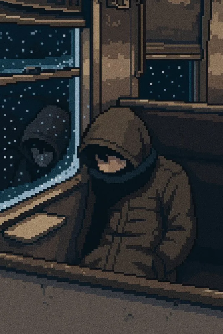 a man in a hooded jacket looking out the window at another person wearing a hoodie