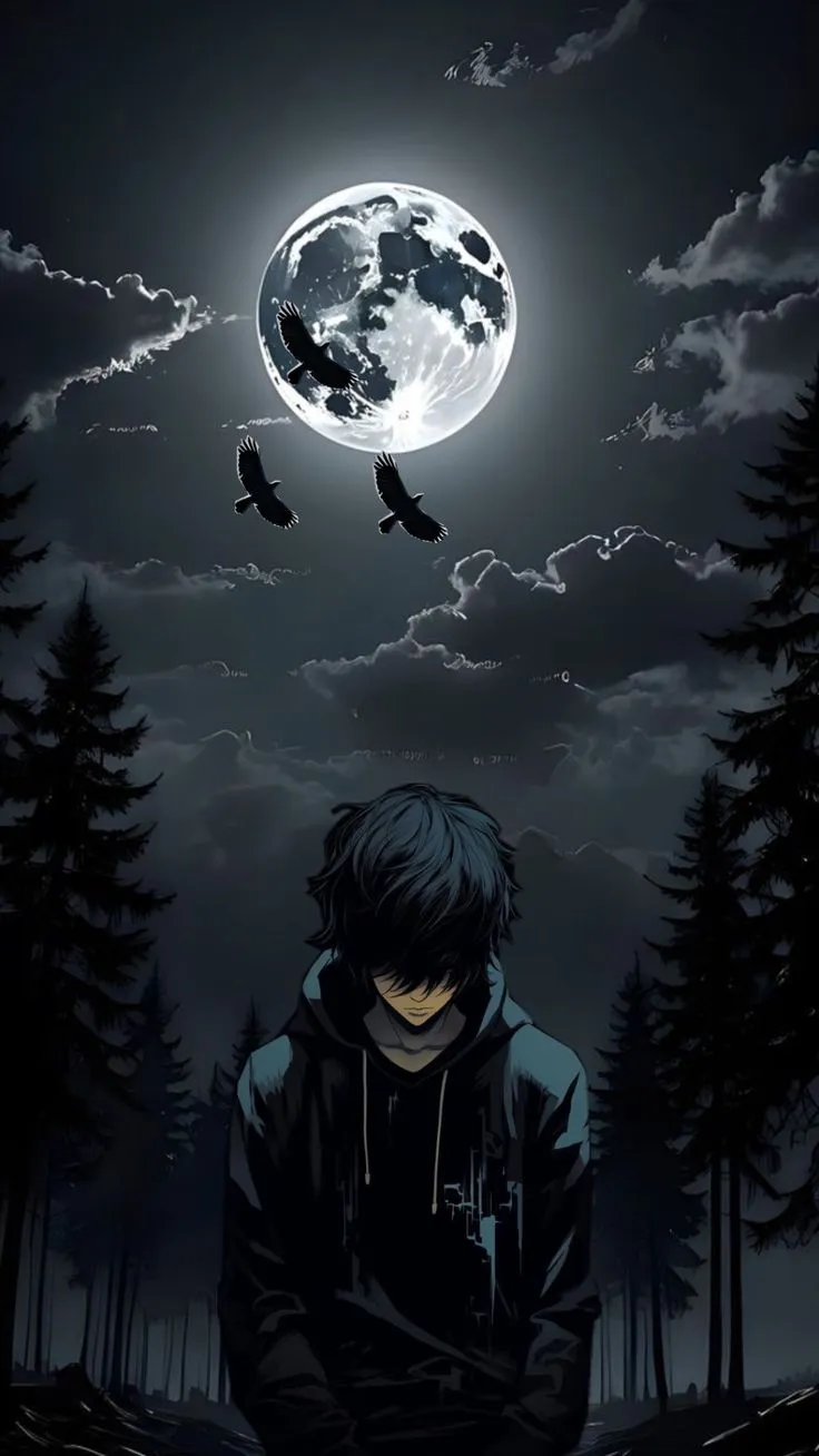 a man sitting in front of a full moon with two birds flying over his head
