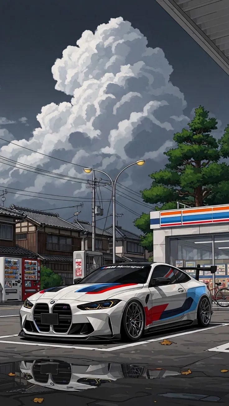 a white car parked in front of a gas station under a cloudy blue and red sky