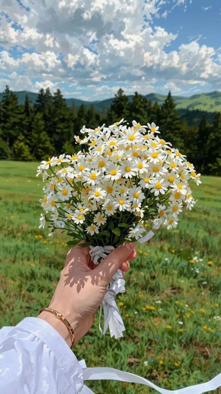 a person holding a bouquet of daisies in their hand