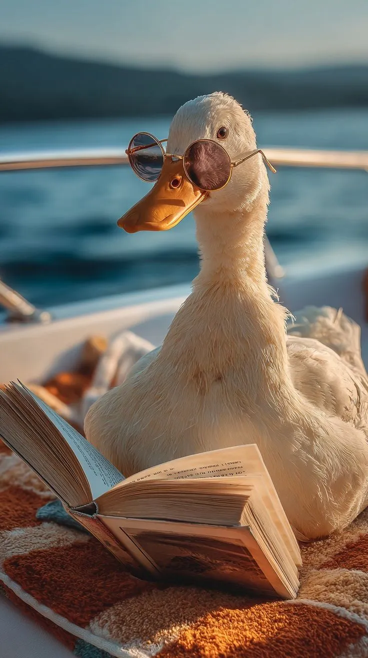 a duck wearing glasses reading a book on a boat
