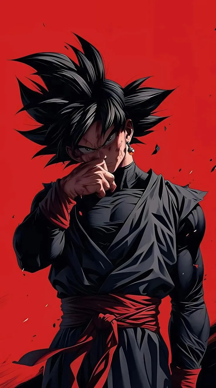 an anime character with black hair standing in front of a red background