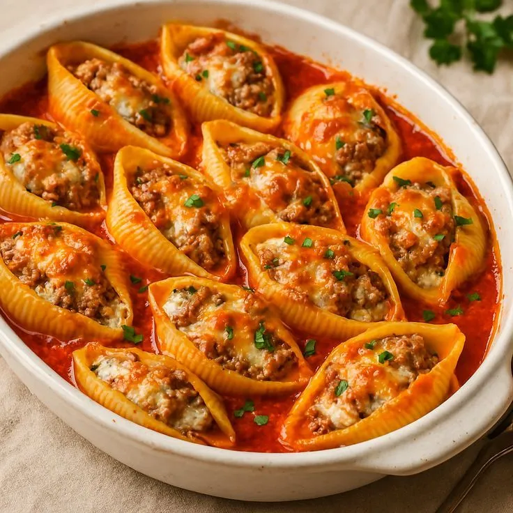 a white dish filled with stuffed shells covered in sauce and meat, garnished with parsley
