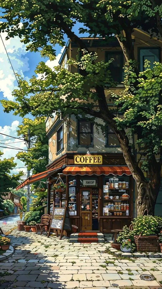 a painting of a coffee shop on the side of a road with trees in front of it
