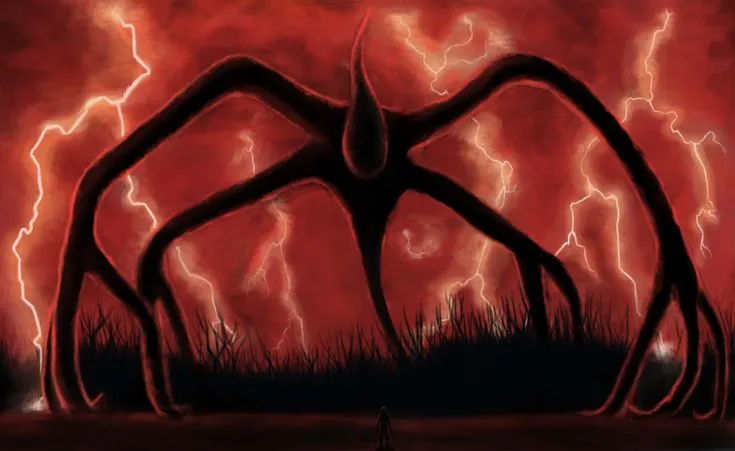a painting of a giant spider in the middle of a field with lightning behind it