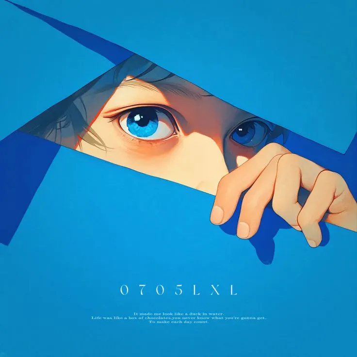 a blue poster with an image of a person's face peeking out from behind it