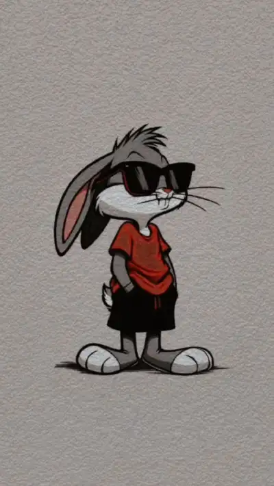 a cartoon rabbit with sunglasses on it's head, standing in front of a gray background