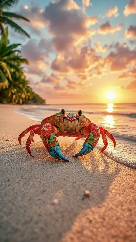 a crab sitting on top of a sandy beach next to the ocean under a cloudy sky