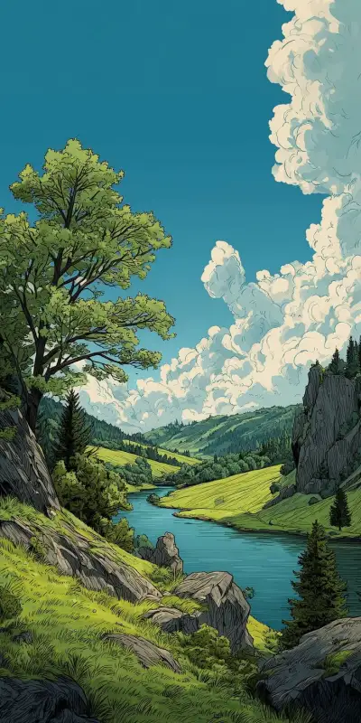 a painting of a landscape with mountains, trees and a river in the foreground