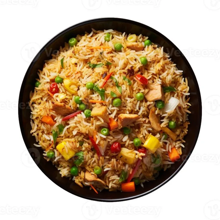 AI generated a plate of fried rice isolated on a transparent background, top view, cut out