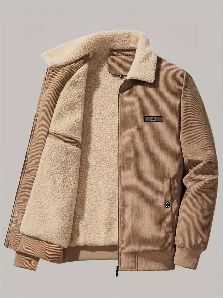 Retro Lange Ärmel Warme Jacke mit Etikettenpatch für Herren | Ideal für den Winter - Khaki / S