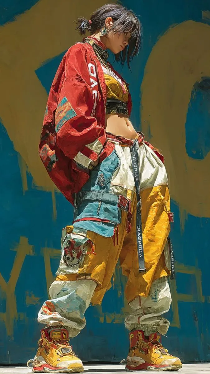 a woman standing in front of a blue wall wearing yellow and red pants with patches on them