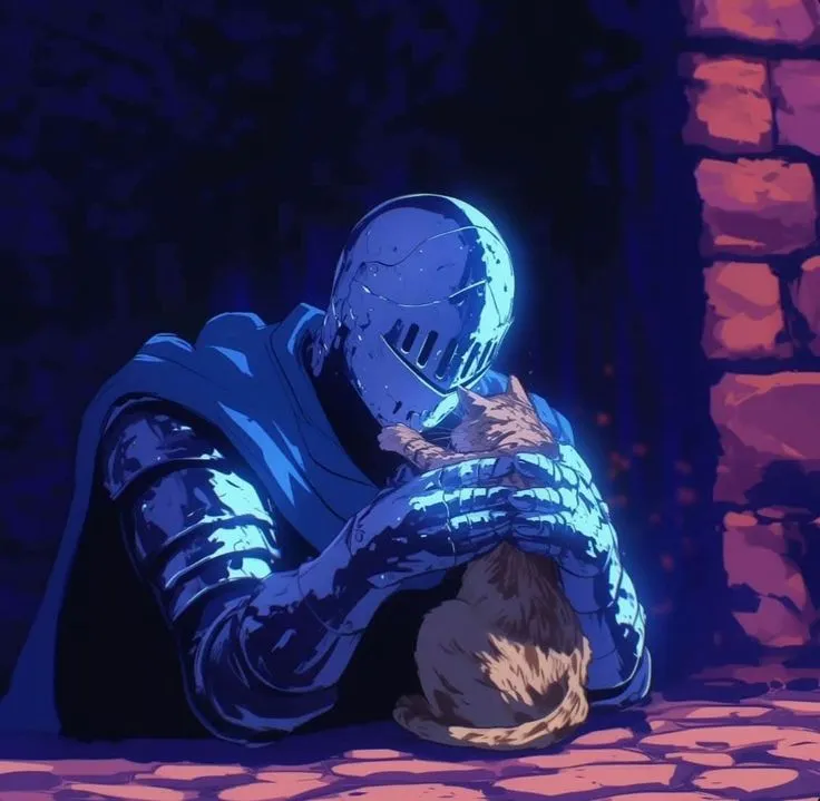 a man in a blue suit holding a cat on his lap and looking down at the ground