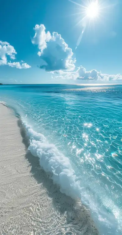 the sun shines brightly over an ocean beach with clear blue water and white sand