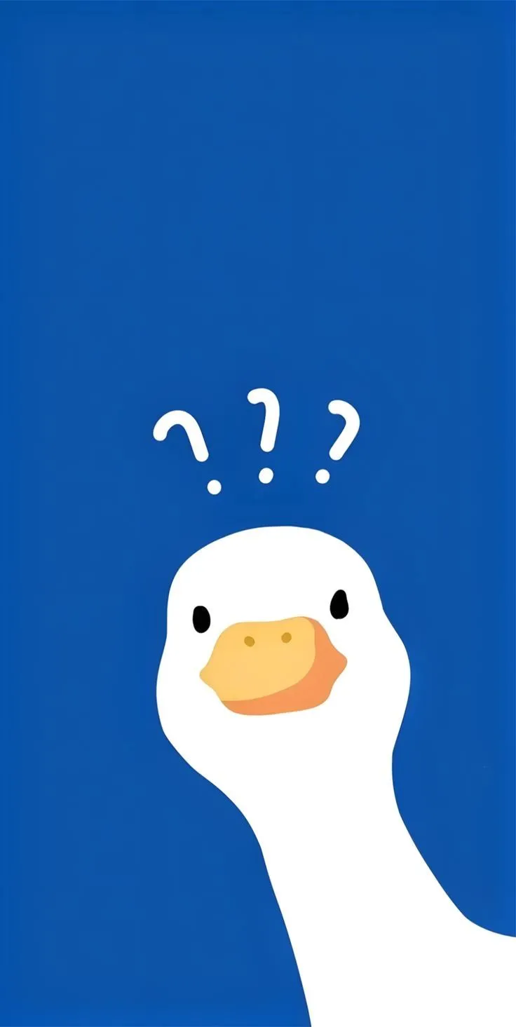 a white duck with question marks on its head in front of a blue sky background