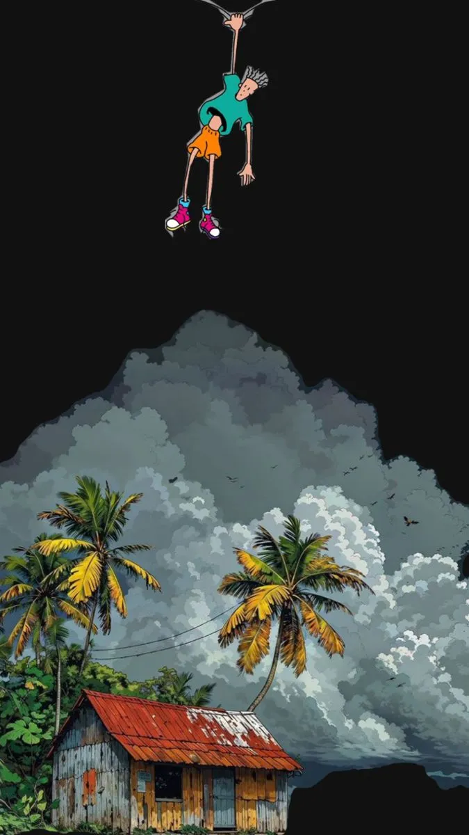 a man flying through the air while riding a skateboard in front of palm trees