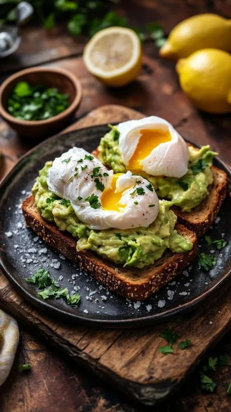 an avocado toast with poached eggs on top