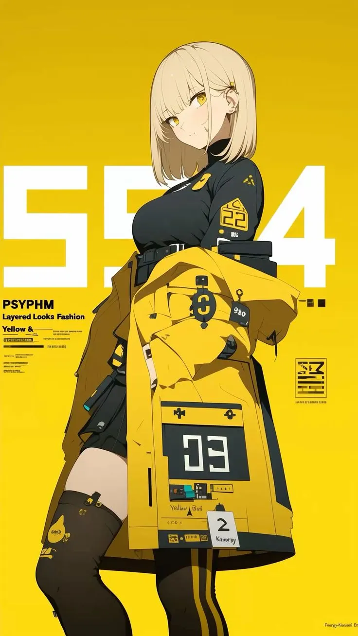 an anime character is standing in front of a yellow background with the number 544 on it