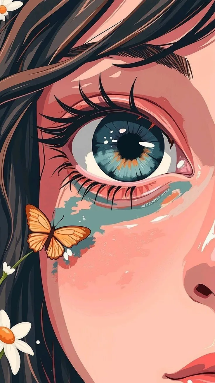 a close up of a person's face with butterflies on her nose and eye