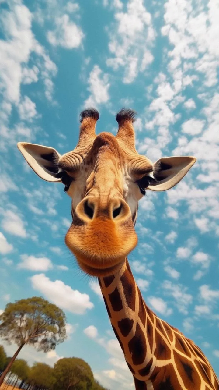 a giraffe looking at the camera while standing in front of some trees