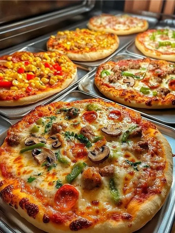 several different types of pizza sitting on trays