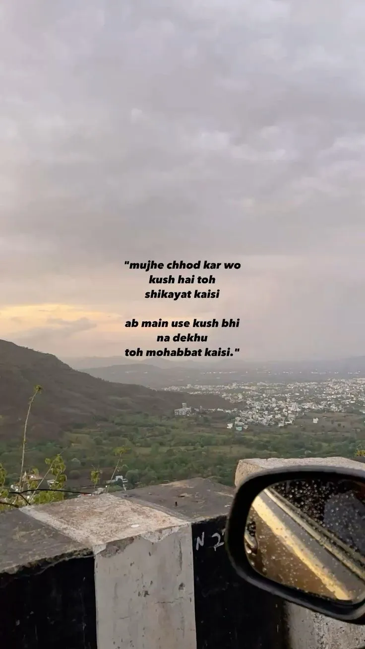 a rear view mirror sitting on the side of a road next to a lush green hillside