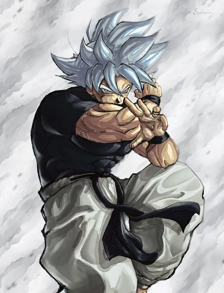 an anime character with blue hair and white pants, holding his hands to his face