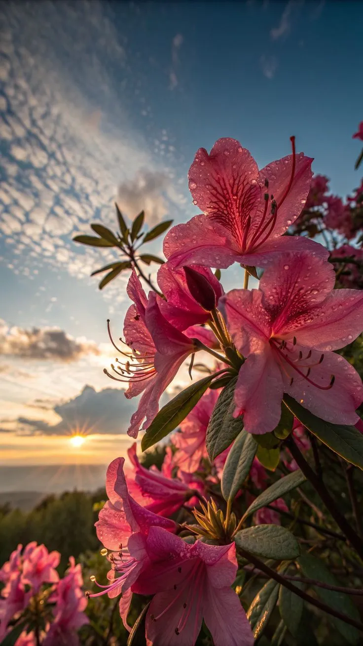 pink flowers are blooming on the side of a hill at sunset with clouds in the background