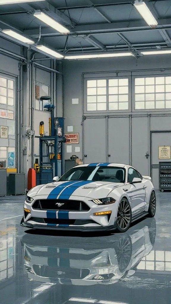 a white and blue mustang in a garage