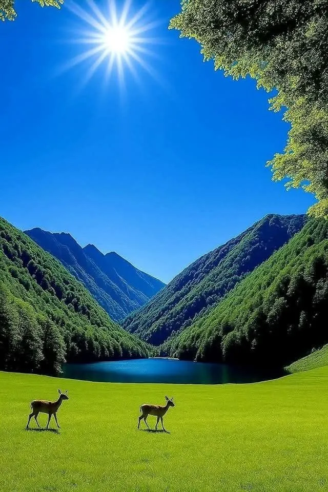 two deer walking across a lush green field next to a lake under a blue sky