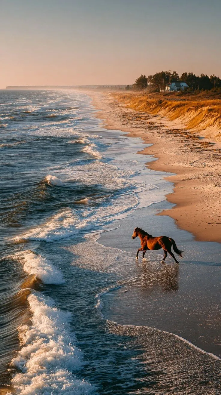 a horse is running along the beach near the water's edge as the sun sets