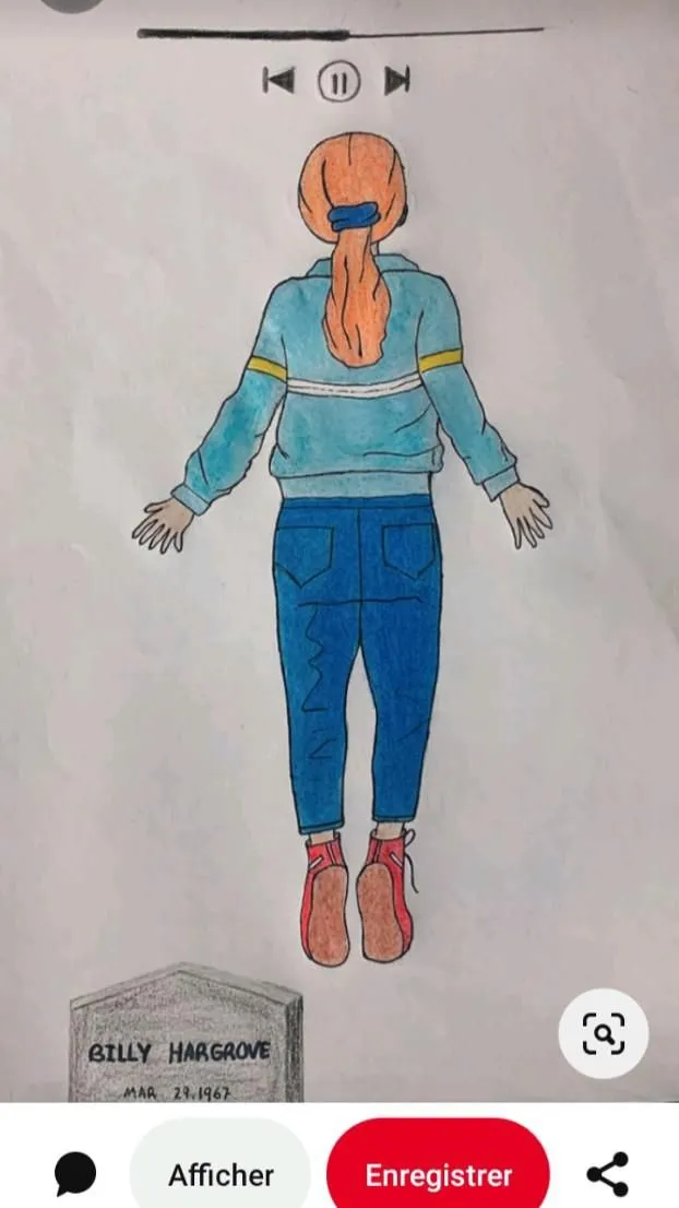 an image of a drawing of a person with her head in the air and hands behind her back