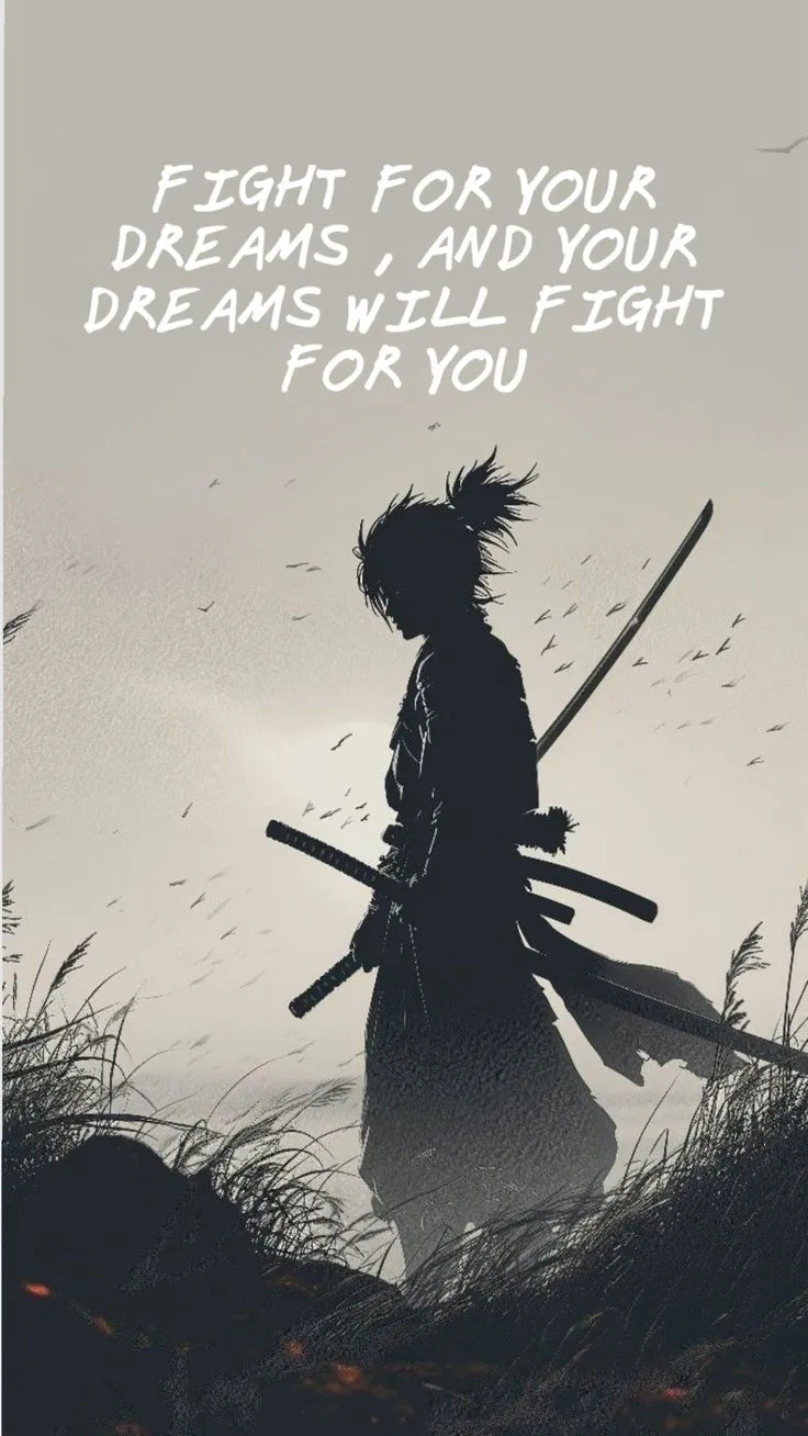 the silhouette of a person holding two swords in front of a field with grass and birds