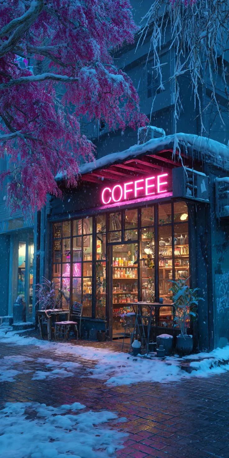 cozy vintage coffee shop on a snowy winter night