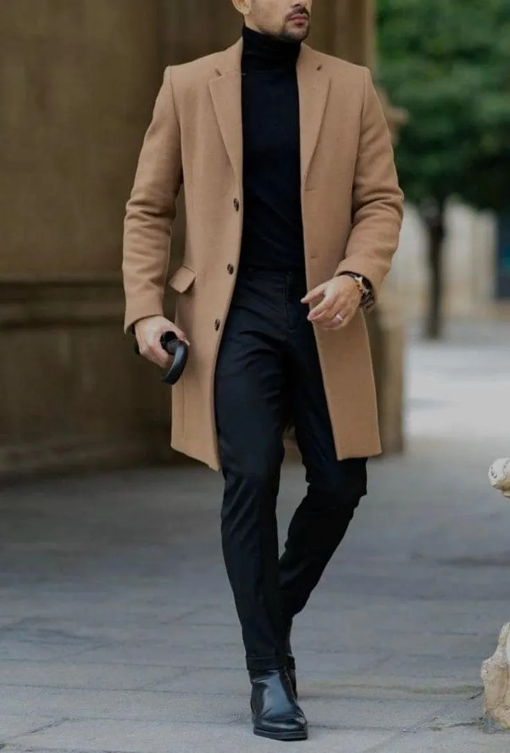 Men's Camel Tweed Wool Overcoat: Long Tailored Slim-Fit Winter Coat
