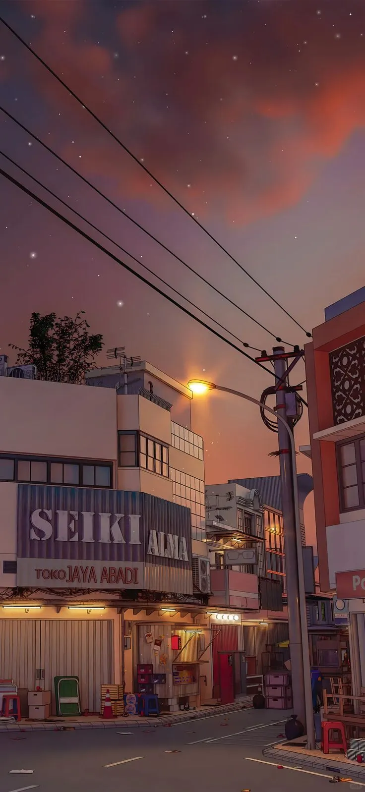 an image of a city street at night with the sun setting in the sky above it