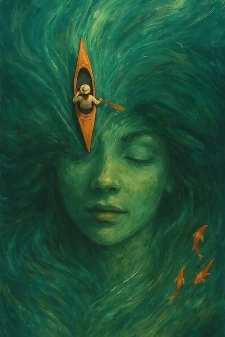 a painting of a woman's head with a boat floating on top of it