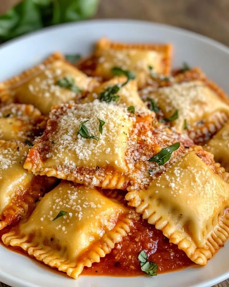a white plate topped with ravioli covered in sauce and parmesan cheese sprinkled on top