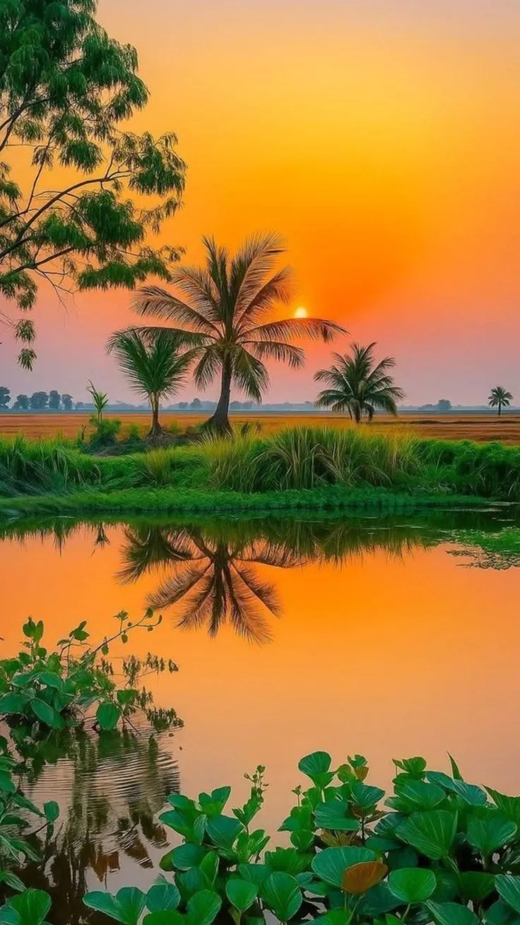 the sun is setting over a body of water with palm trees in the foreground
