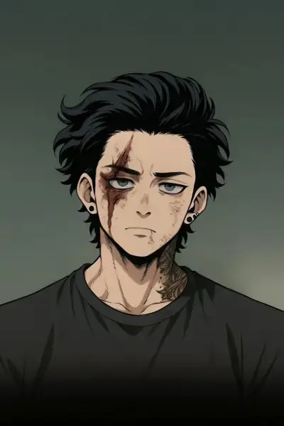 an anime character with black hair and piercings on his face, staring at the camera