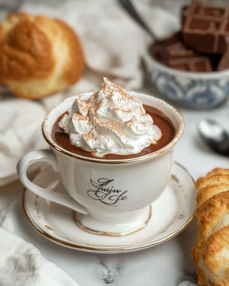 a cup of hot chocolate with whipped cream and croissants on the side
