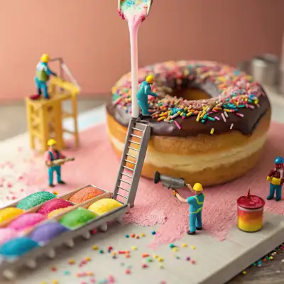 A surreal, highly detailed macro scene inside a giant chocolate-glazed...