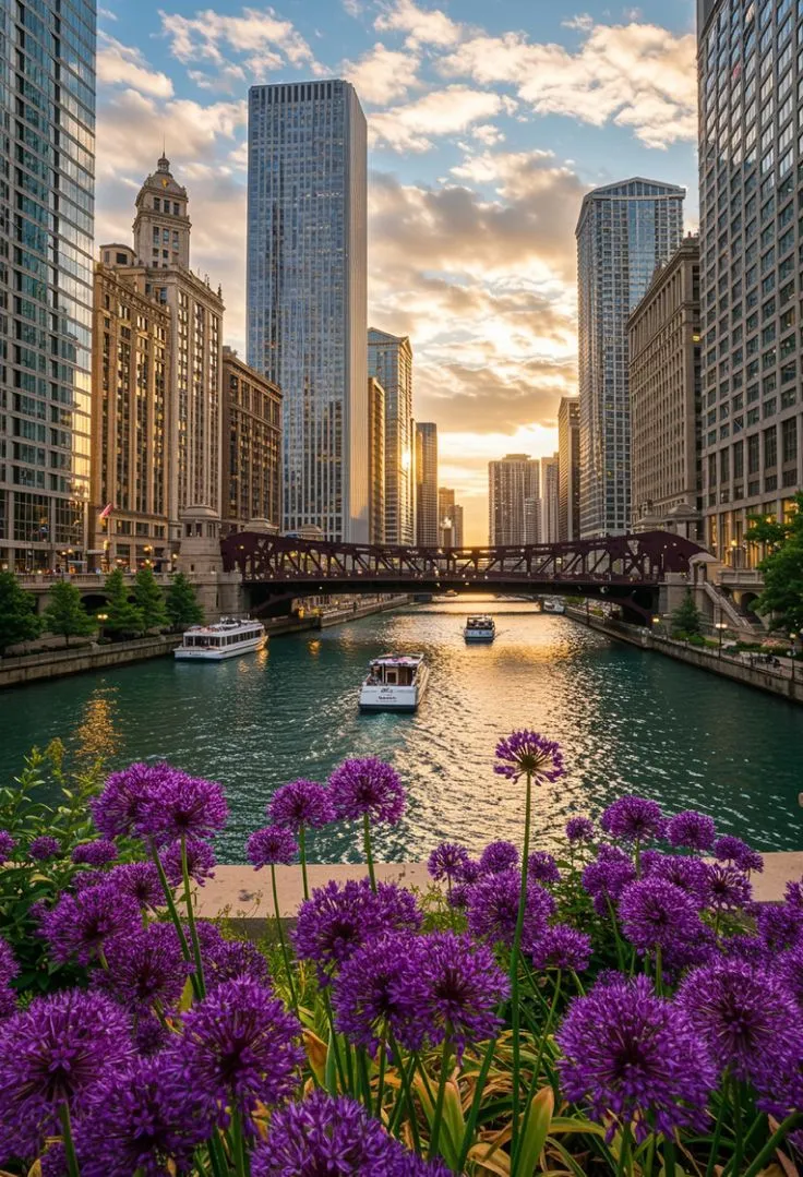 purple flowers are in the foreground, and boats on the river below them with skyscrapers in the background