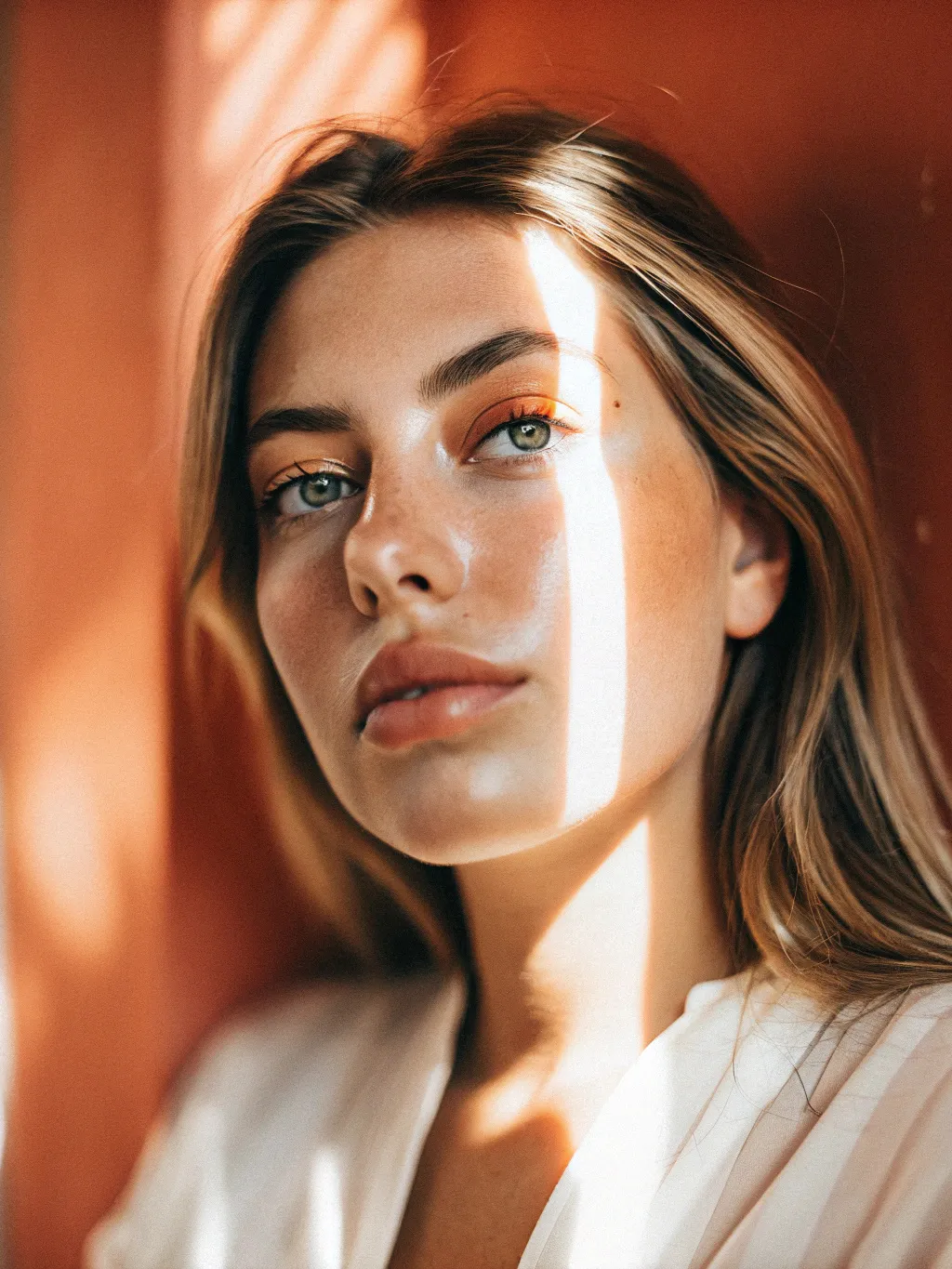 Portrait of a young woman, shot in shadows, with a...
