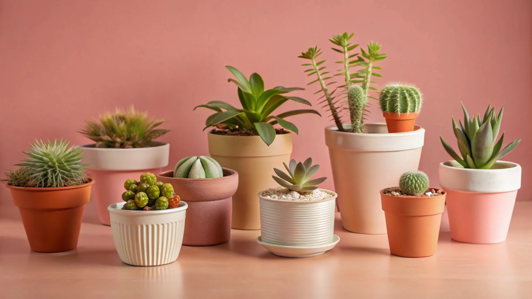 a still life of assorted potted plants and containers, minimalist,...