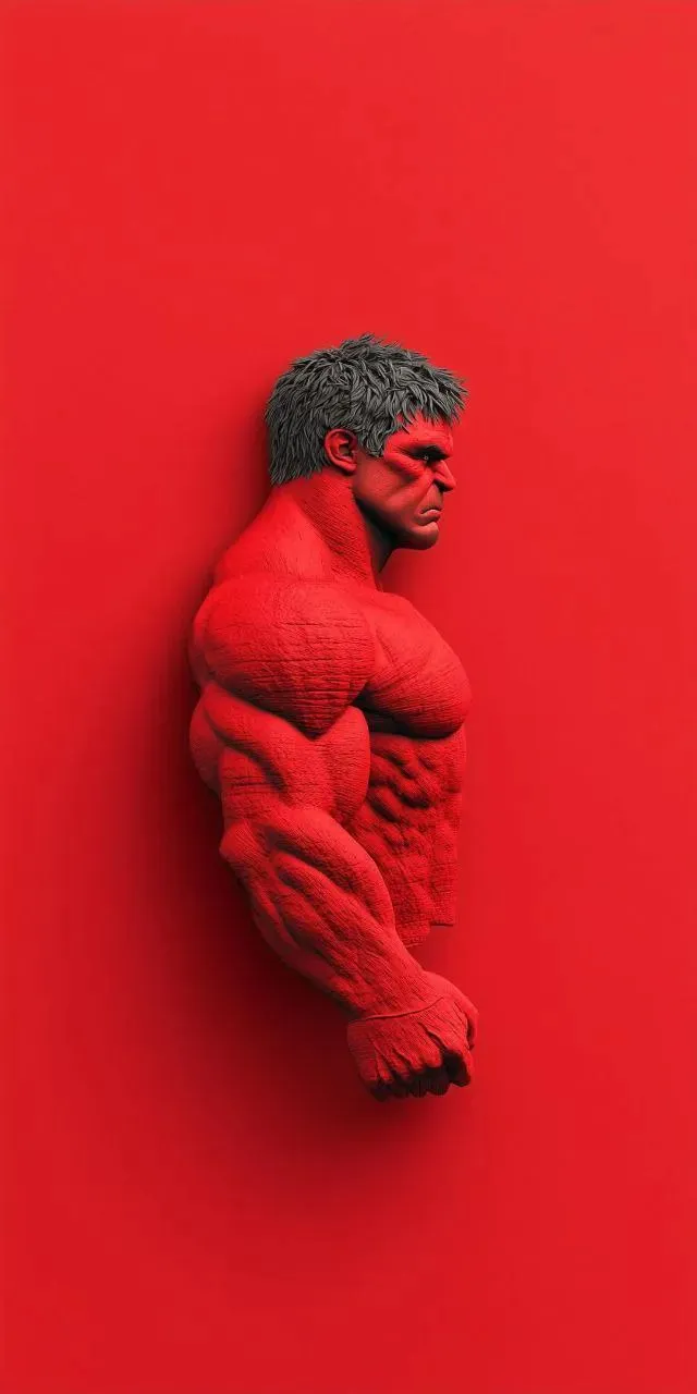 a man with grey hair and no shirt is posed in front of a red background