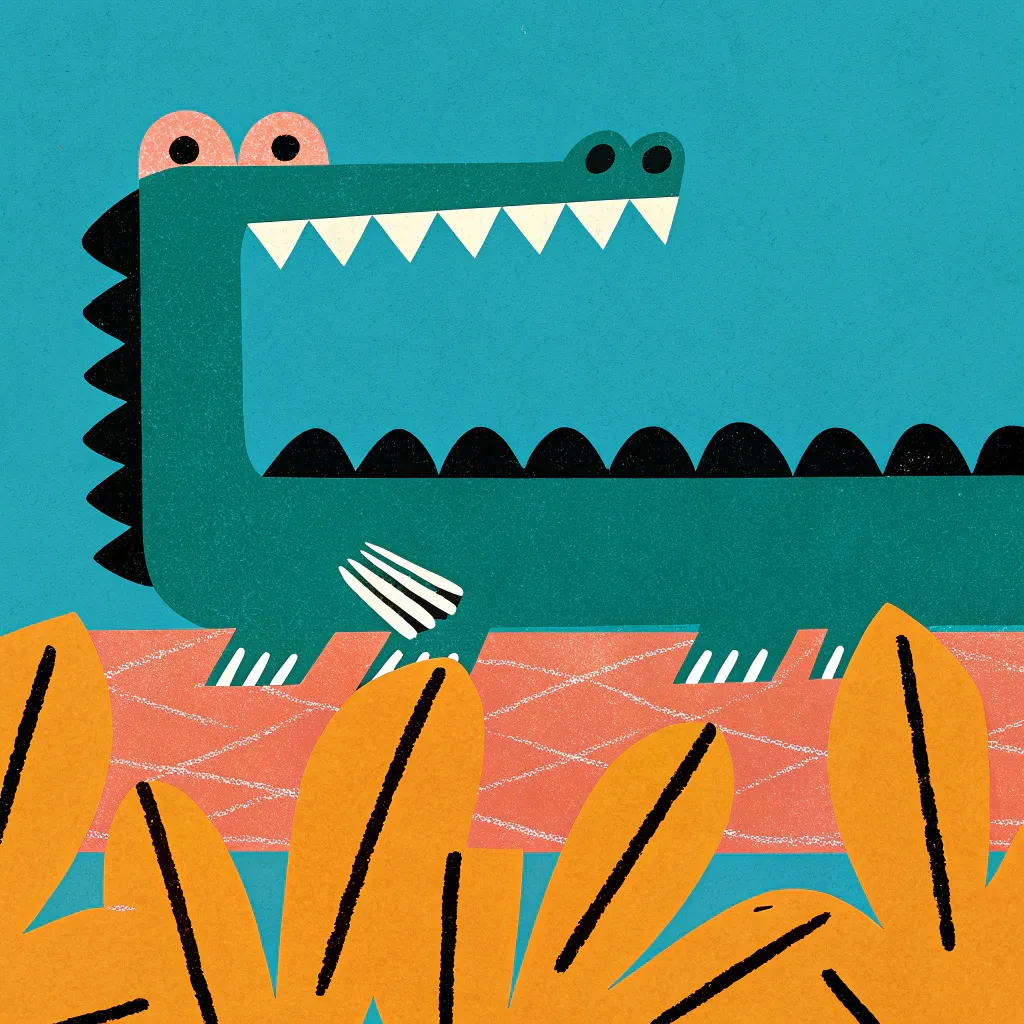 a green crocodile with pink teeth, simple shapes in the...
