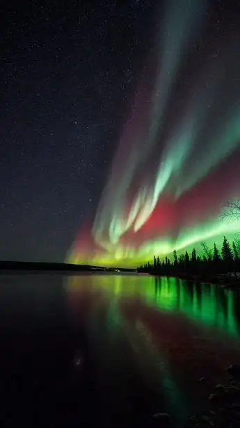 the aurora lights are reflected in the water
