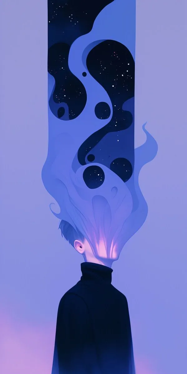 a person standing in front of a blue and purple background with swirling shapes on it