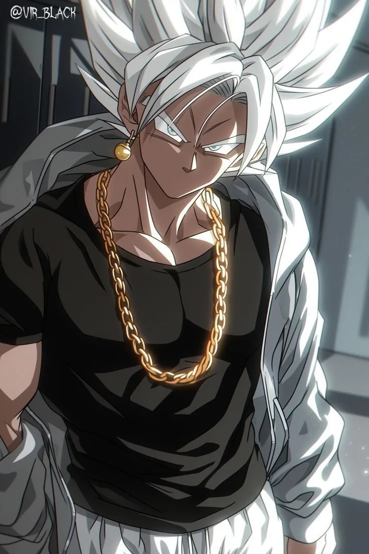 a man with white hair wearing a chain around his neck